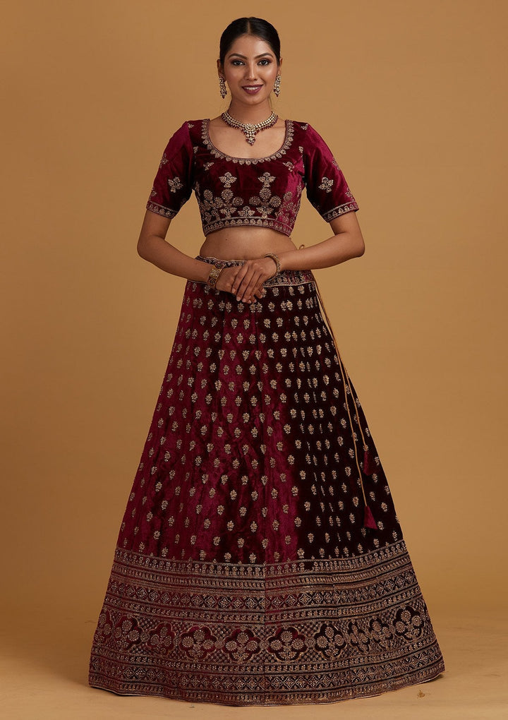 Wine Zariwork Velvet Designer Semi-Stitched Lehenga - Koskii