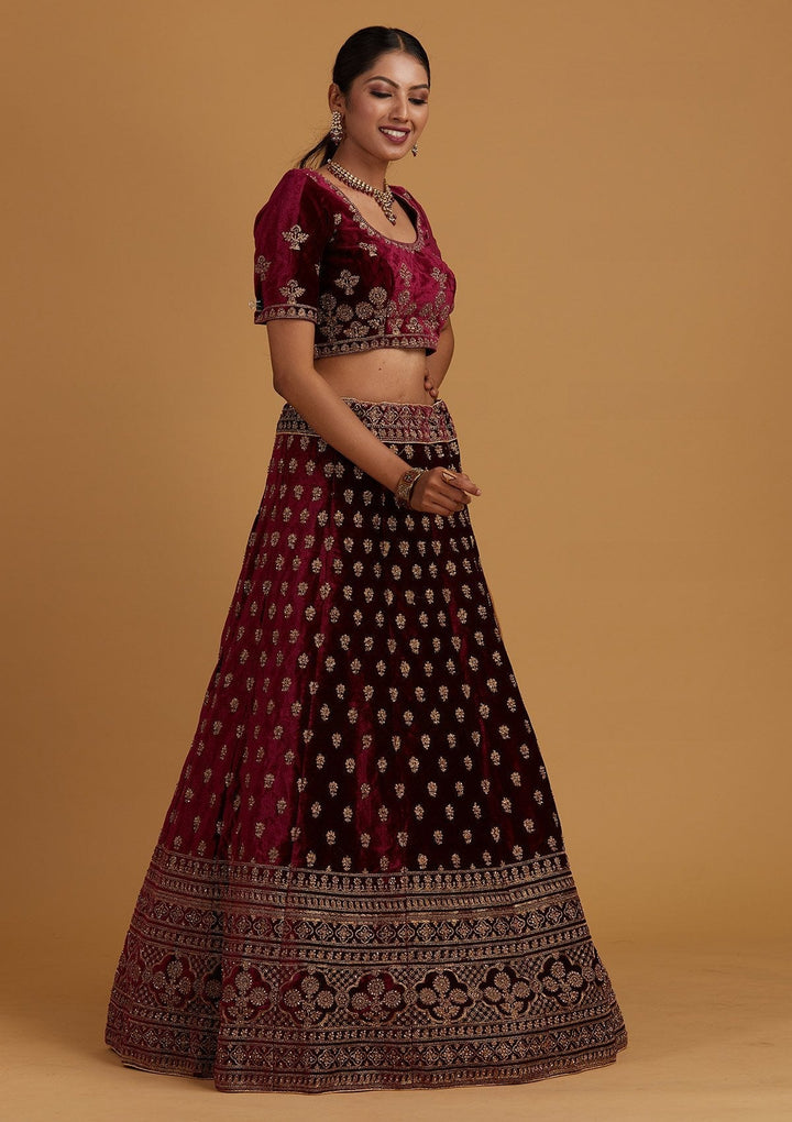 Wine Zariwork Velvet Designer Semi-Stitched Lehenga - Koskii