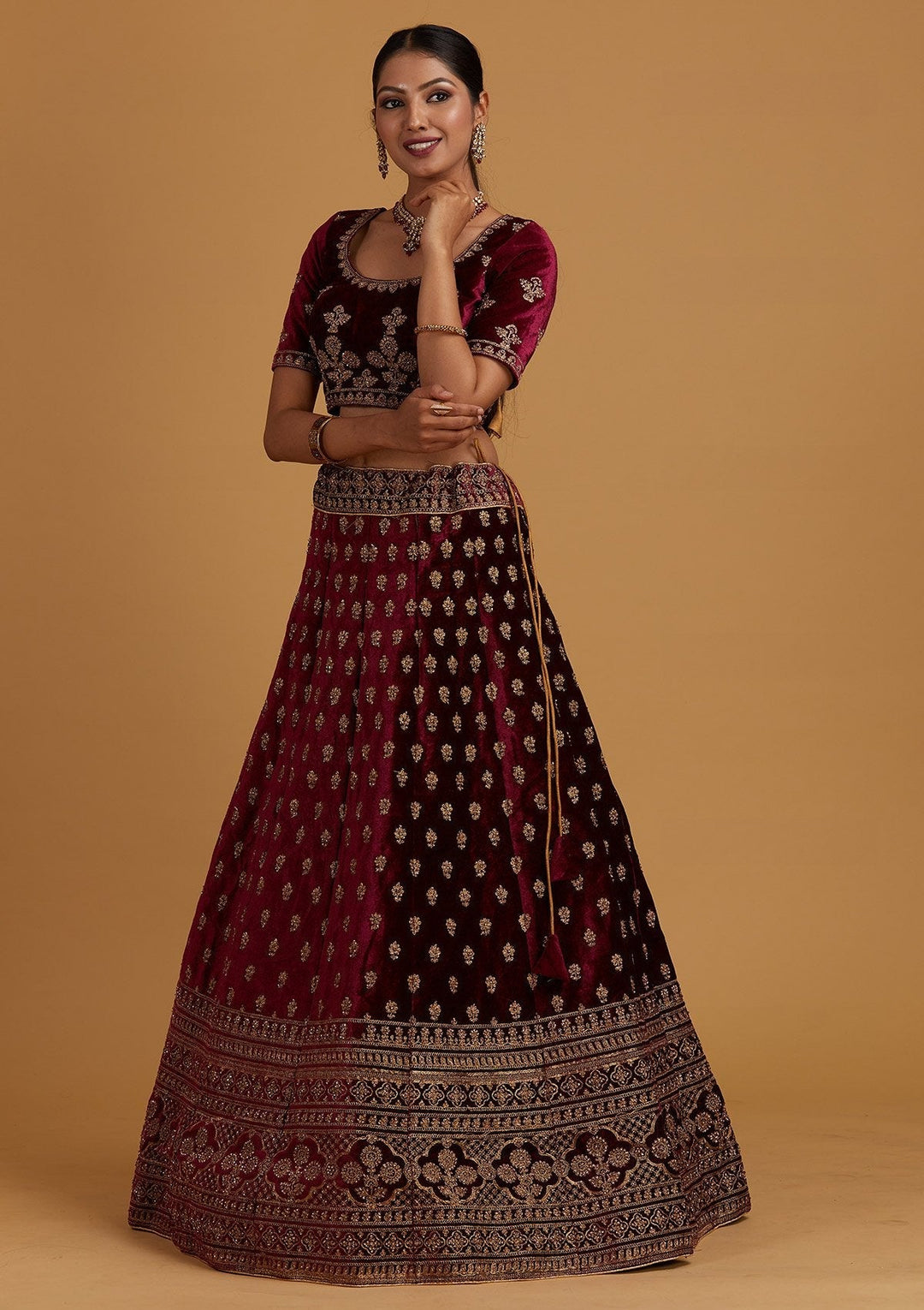 Wine Zariwork Velvet Designer Semi-Stitched Lehenga - Koskii