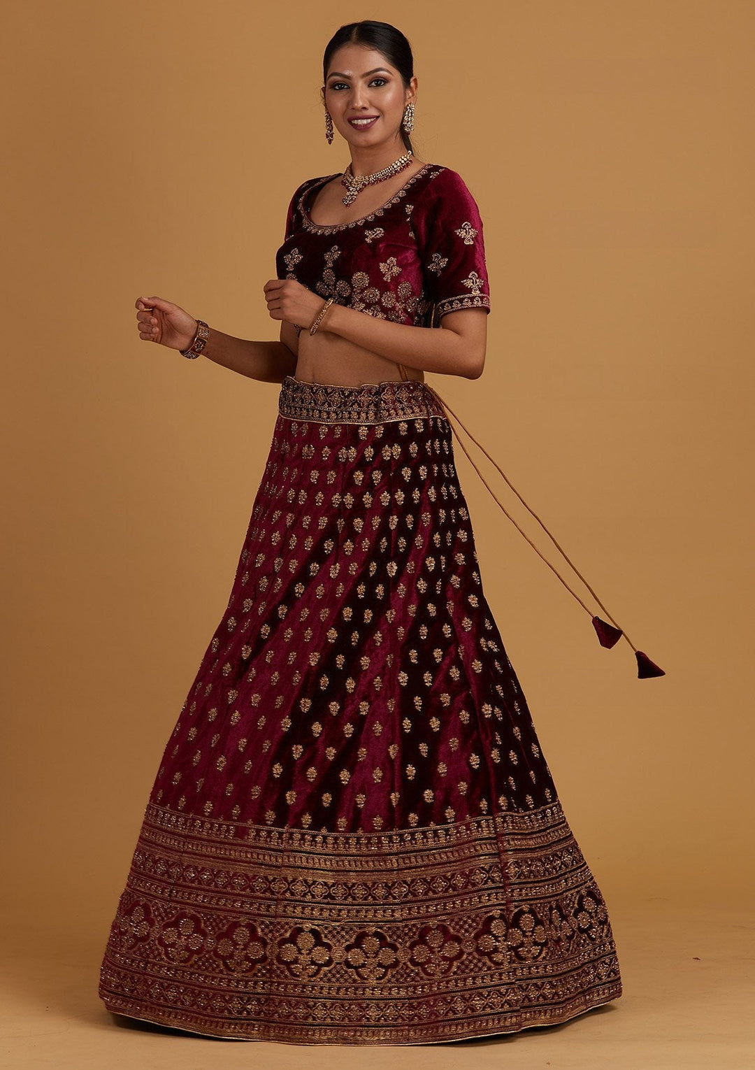 Wine Zariwork Velvet Designer Semi-Stitched Lehenga - Koskii