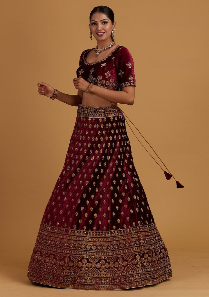 Wine Zariwork Velvet Designer Semi-Stitched Lehenga - Koskii
