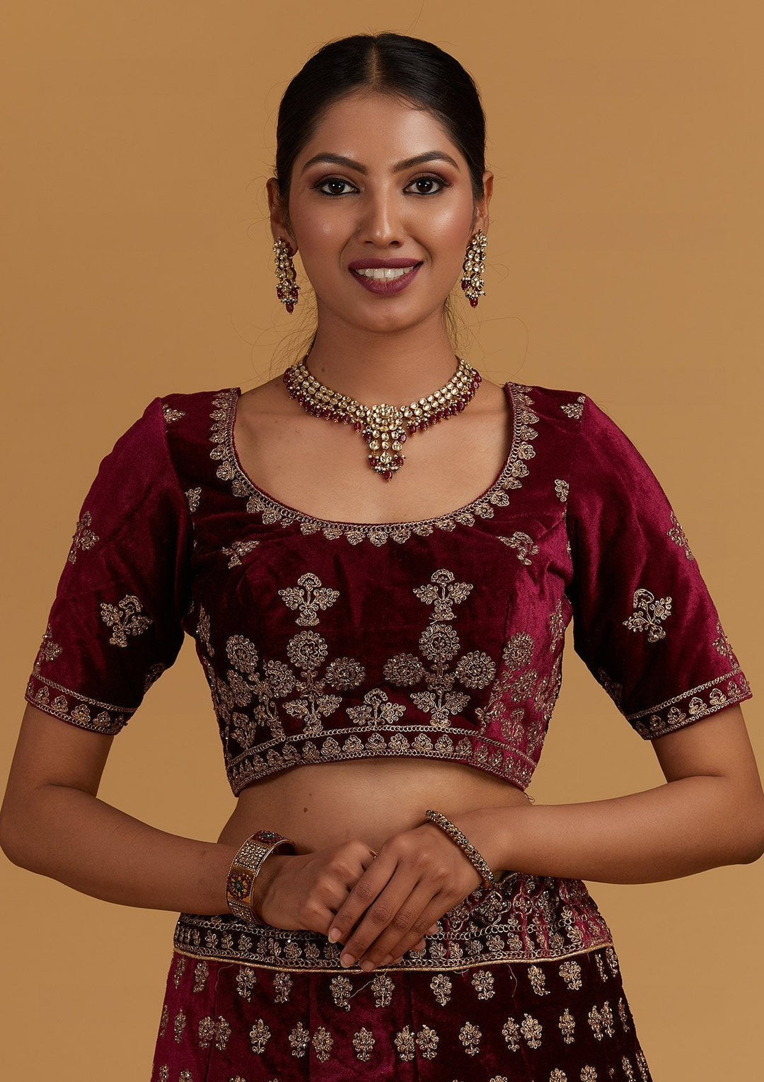 Wine Zariwork Velvet Designer Semi-Stitched Lehenga - Koskii