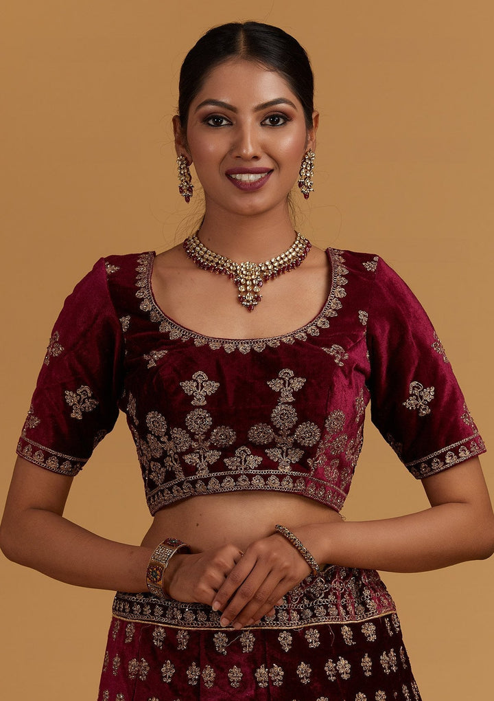 Wine Zariwork Velvet Designer Semi-Stitched Lehenga - Koskii