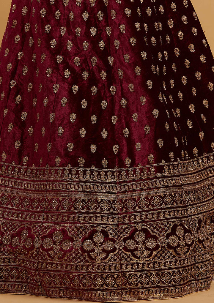 Wine Zariwork Velvet Designer Semi-Stitched Lehenga - Koskii