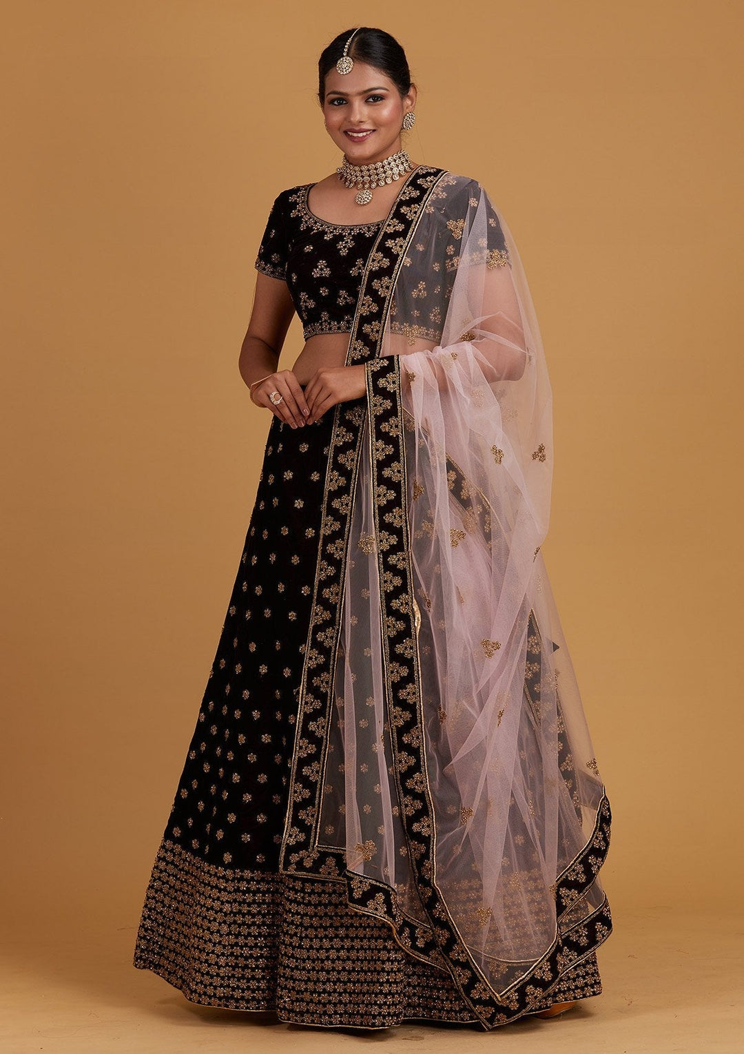 Wine Zariwork Velvet Designer Semi-Stitched Lehenga - Koskii