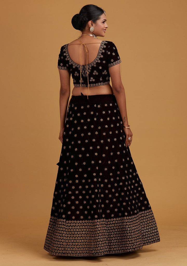 Wine Zariwork Velvet Designer Semi-Stitched Lehenga - Koskii