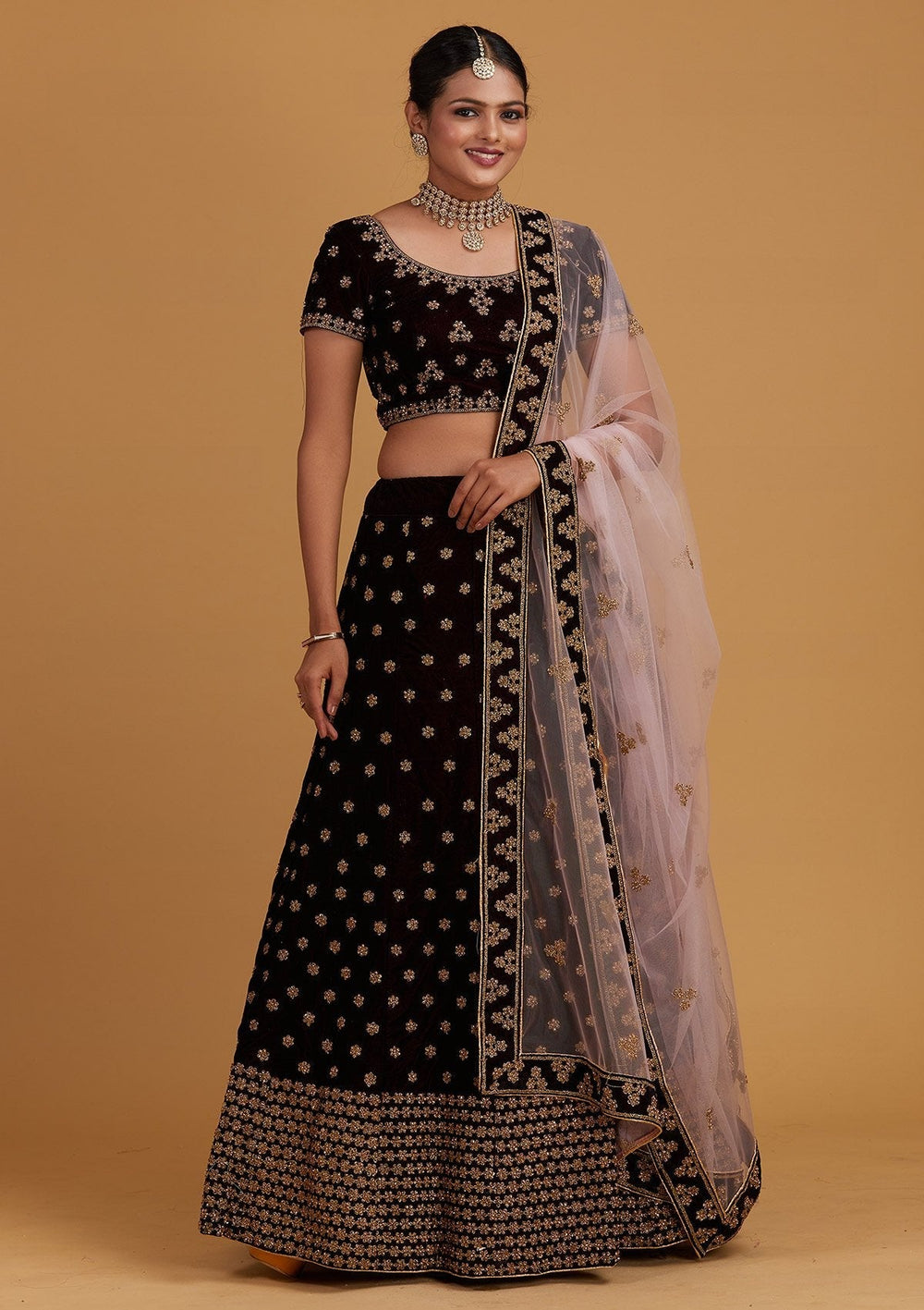 Wine Zariwork Velvet Designer Semi-Stitched Lehenga - Koskii