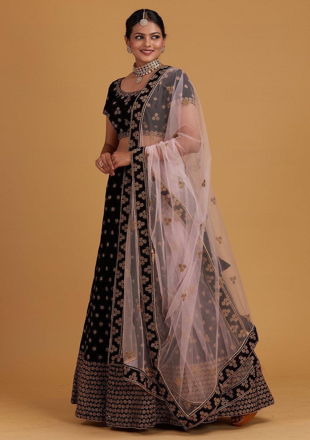 Wine Zariwork Velvet Designer Semi-Stitched Lehenga - Koskii