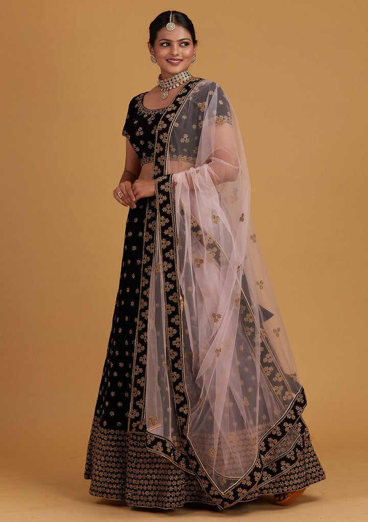 Wine Zariwork Velvet Designer Semi-Stitched Lehenga - Koskii