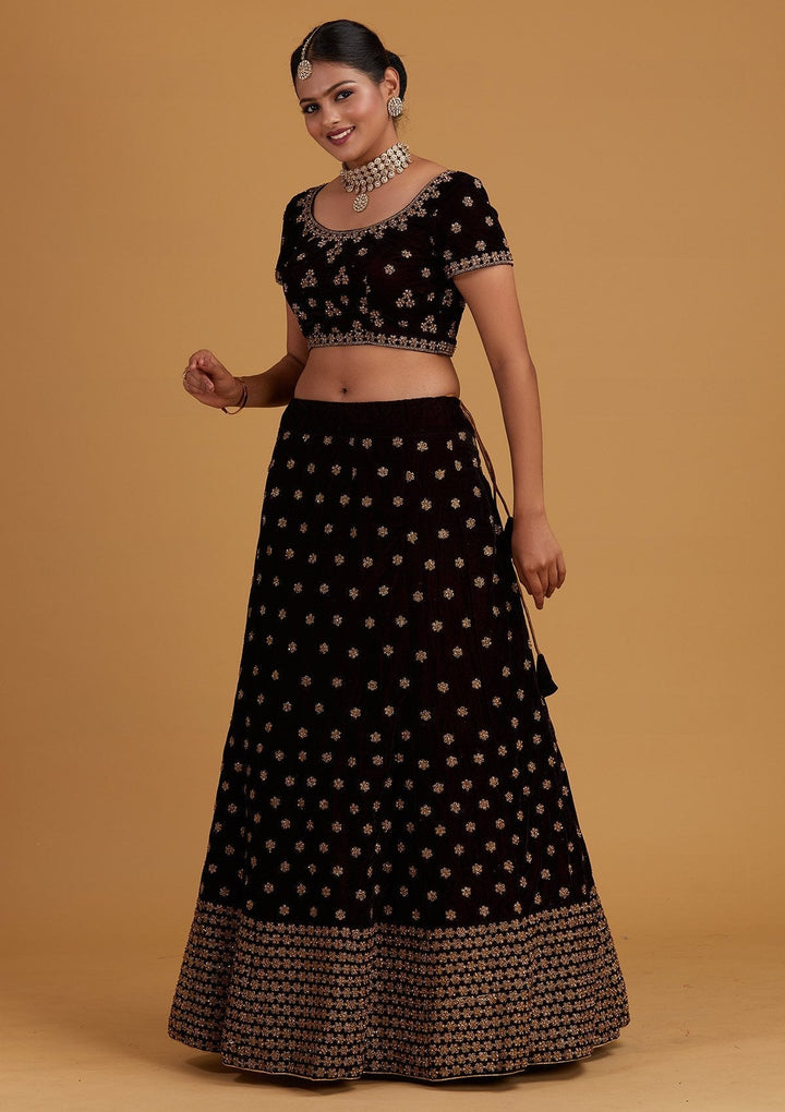 Wine Zariwork Velvet Designer Semi-Stitched Lehenga - Koskii
