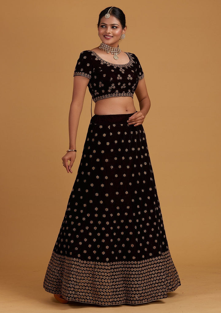 Wine Zariwork Velvet Designer Semi-Stitched Lehenga - Koskii