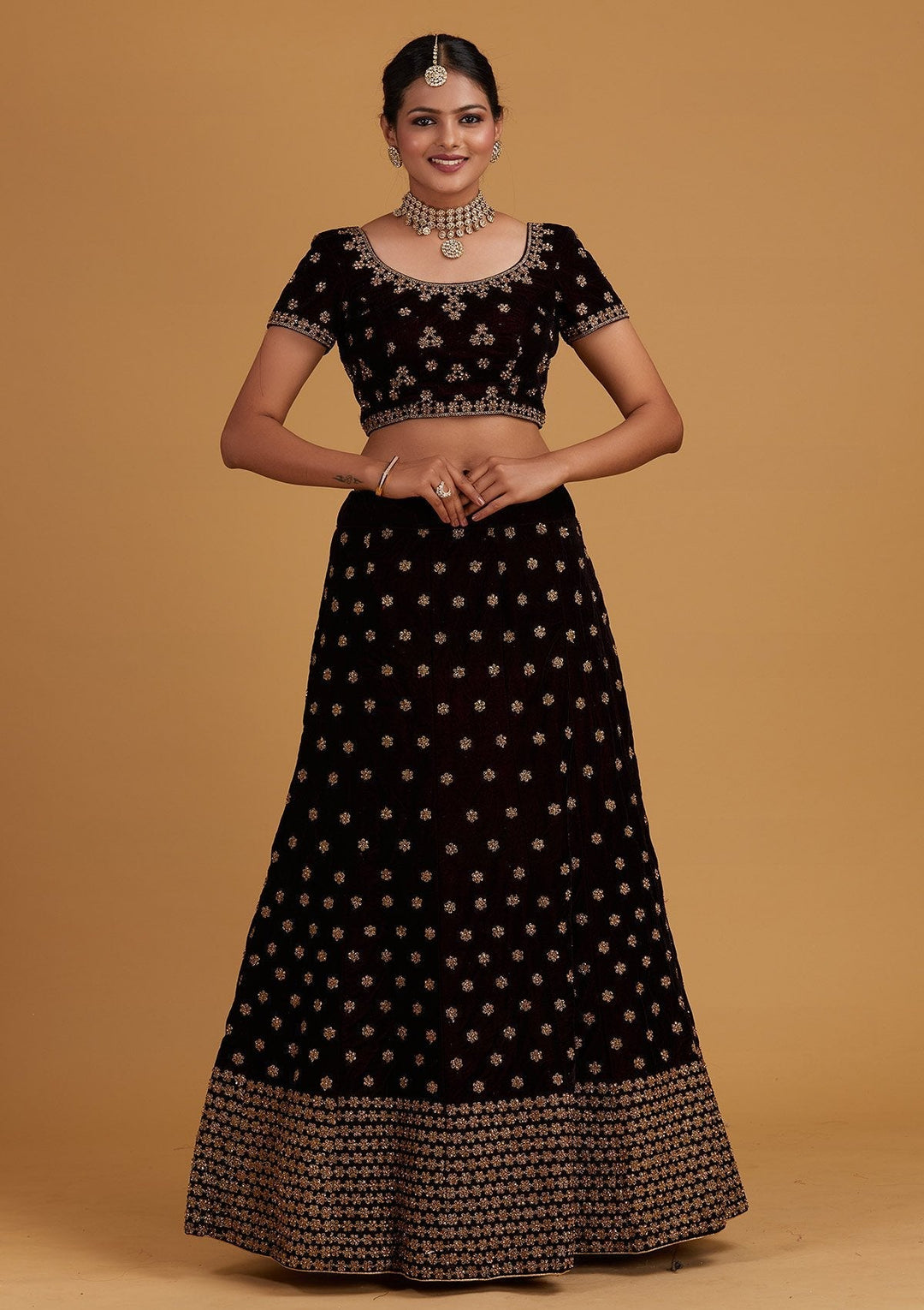 Wine Zariwork Velvet Designer Semi-Stitched Lehenga - Koskii