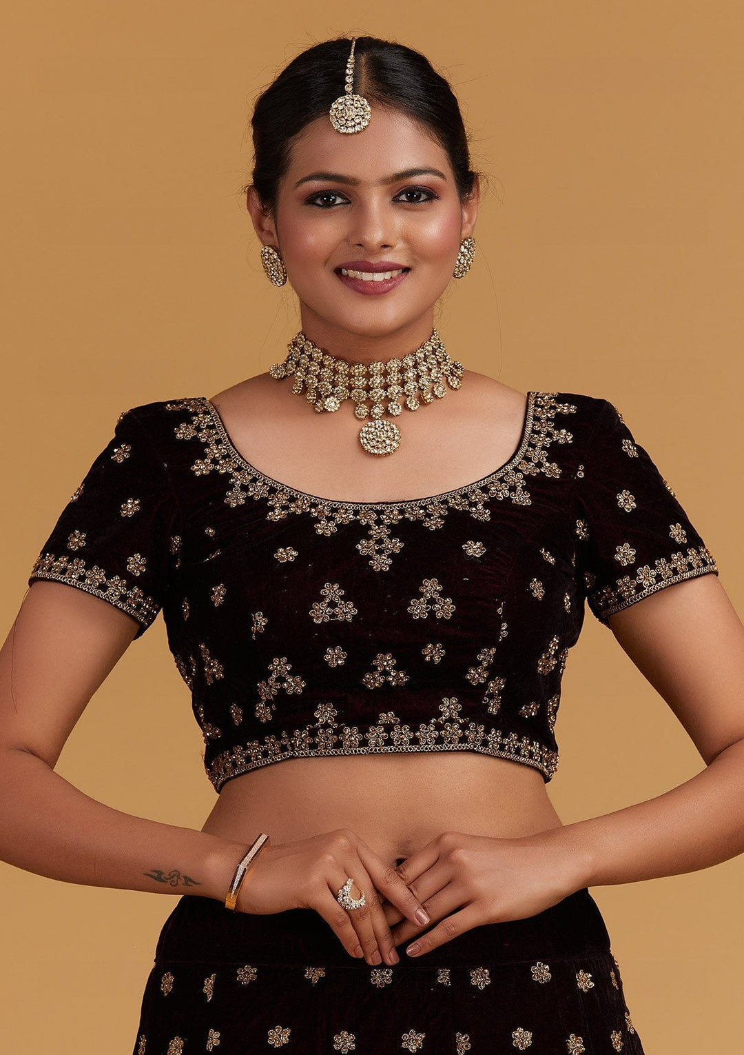 Wine Zariwork Velvet Designer Semi-Stitched Lehenga - Koskii