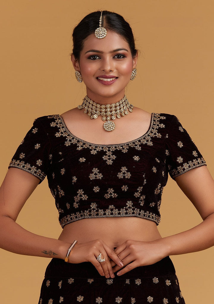 Wine Zariwork Velvet Designer Semi-Stitched Lehenga - Koskii