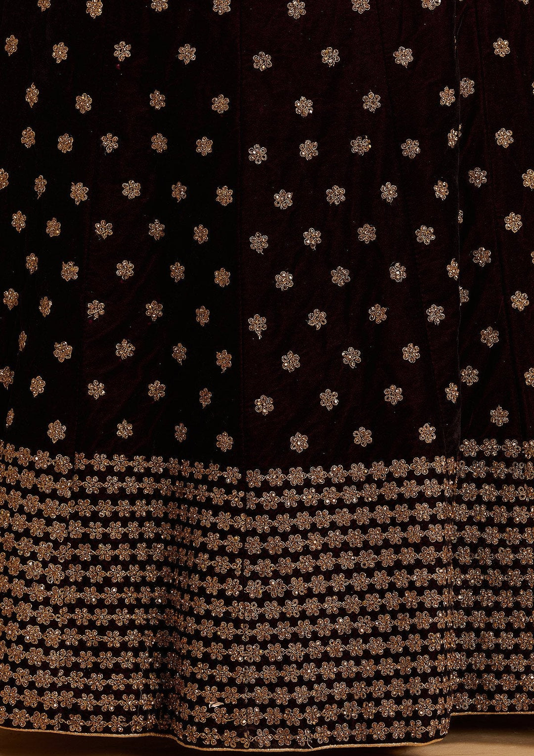 Wine Zariwork Velvet Designer Semi-Stitched Lehenga - Koskii