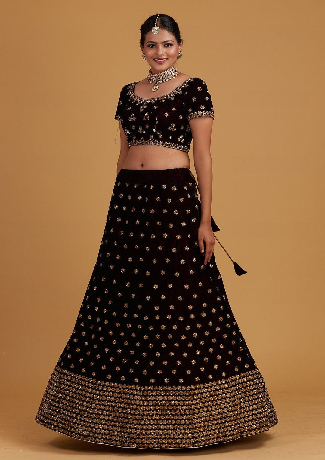 Wine Zariwork Velvet Designer Semi-Stitched Lehenga - Koskii