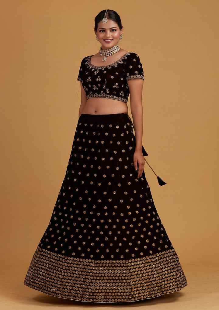 Wine Zariwork Velvet Designer Semi-Stitched Lehenga - Koskii