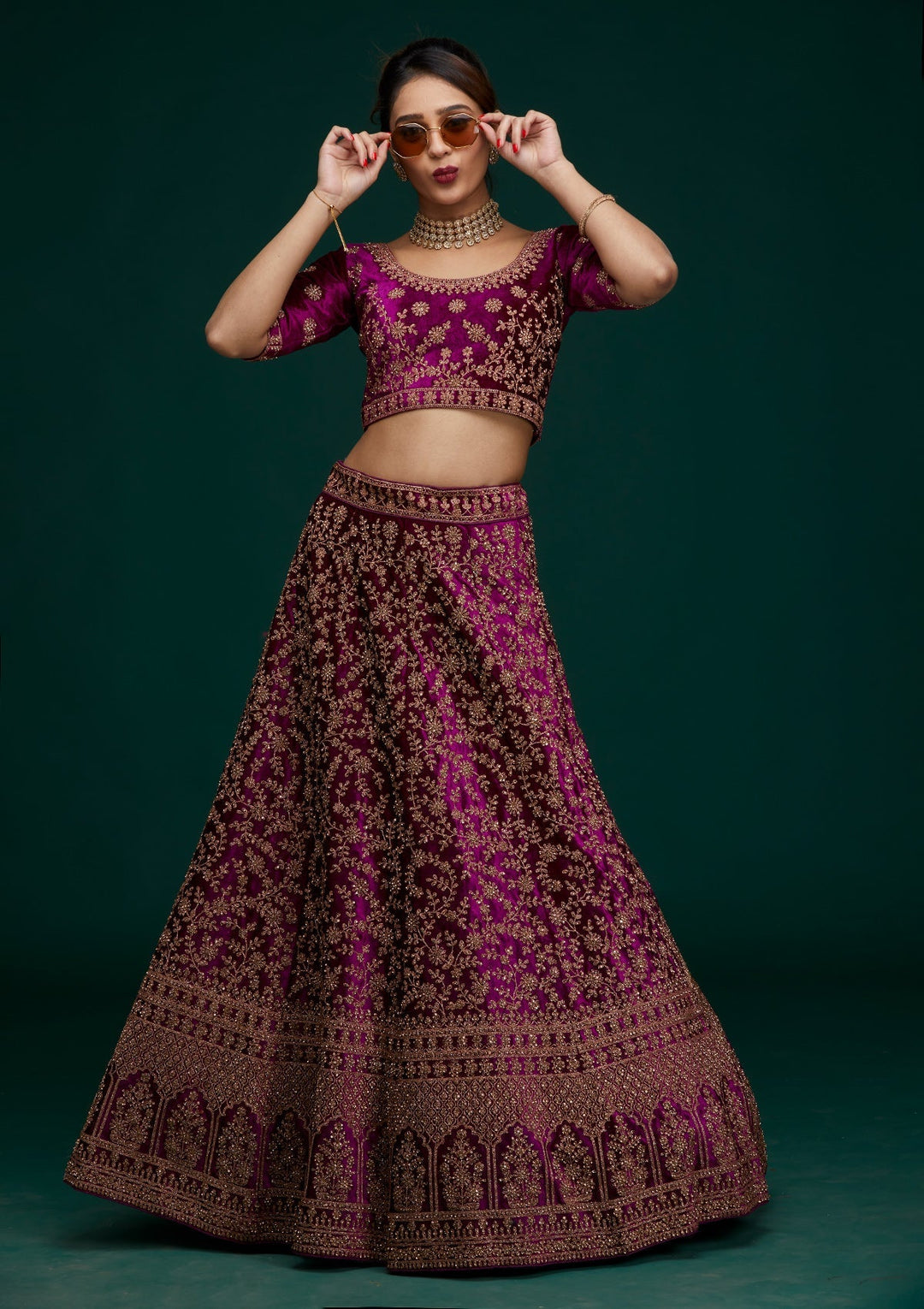 Wine Zariwork Velvet Designer Lehenga- Koskii