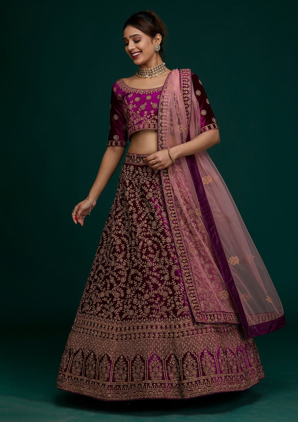 Wine Zariwork Velvet Designer Lehenga - Koskii