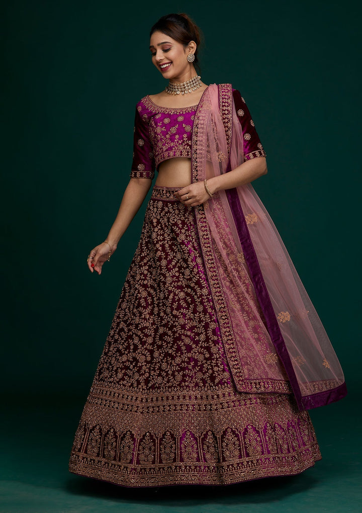 Wine Zariwork Velvet Designer Lehenga - Koskii