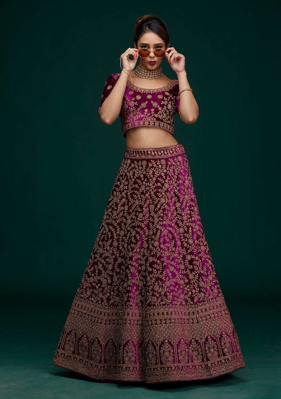 Wine Zariwork Velvet Designer Lehenga - Koskii