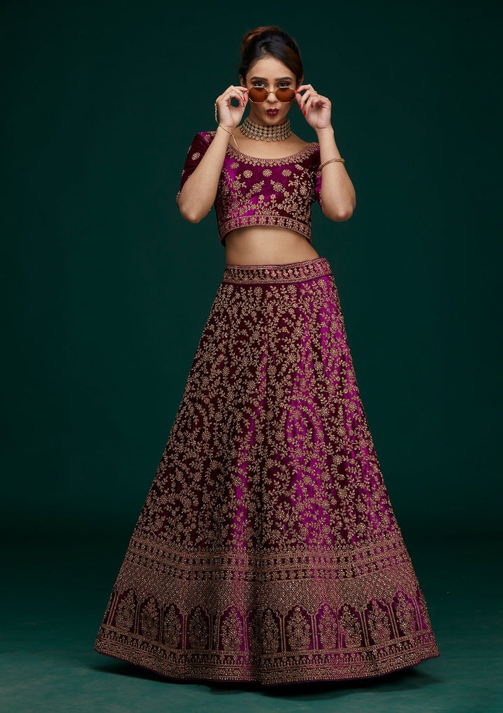 Wine Zariwork Velvet Designer Lehenga - Koskii