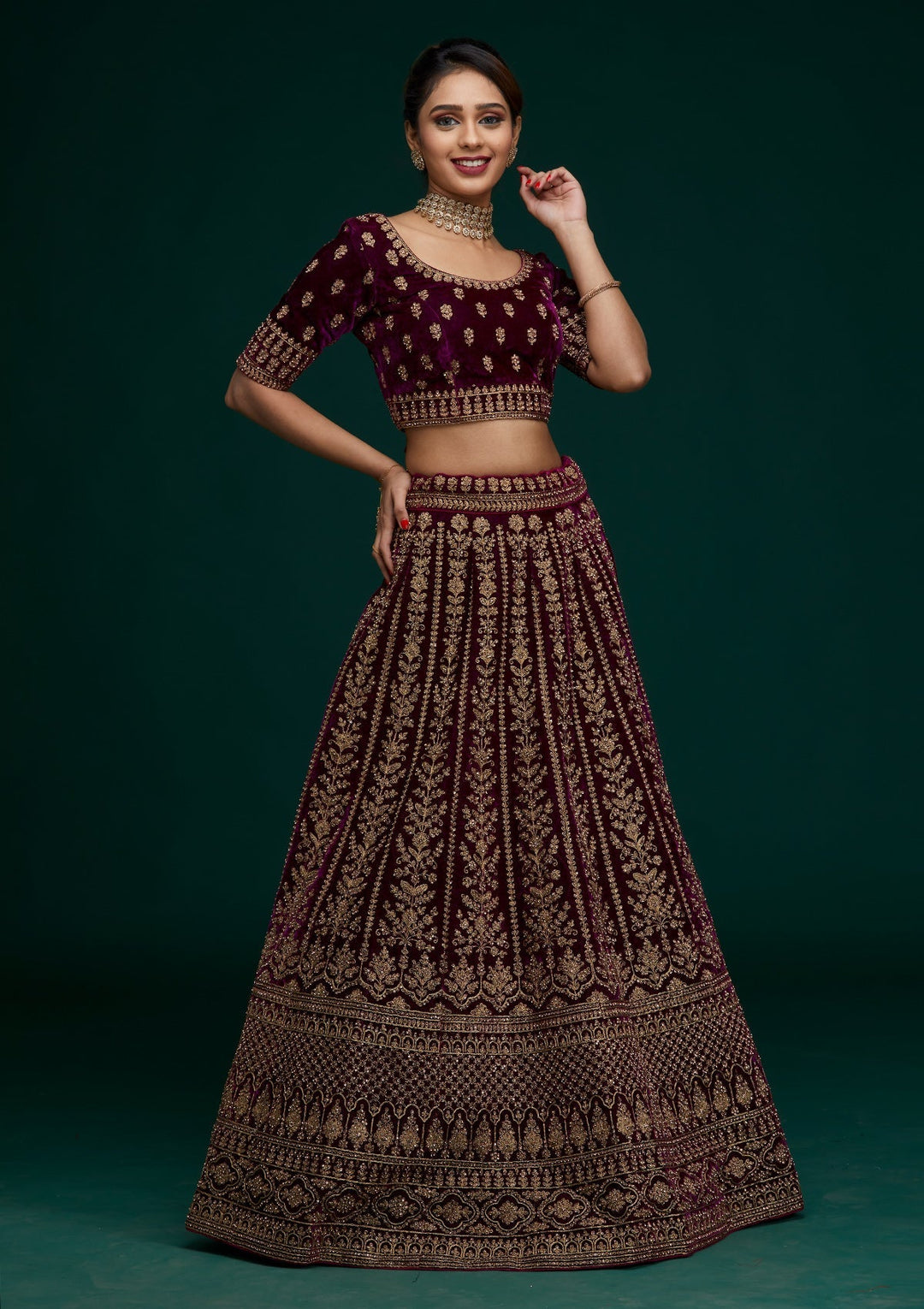 Wine Zariwork Velvet Designer Lehenga - Koskii