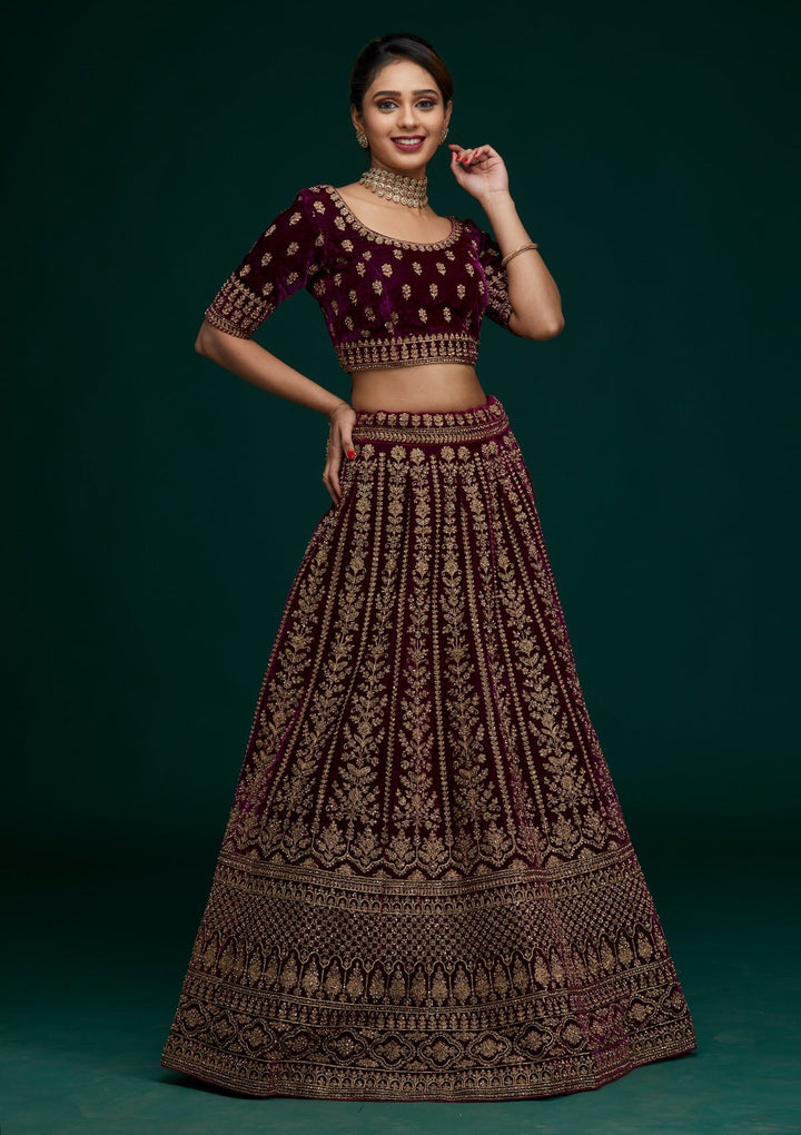Wine Zariwork Velvet Designer Lehenga - Koskii