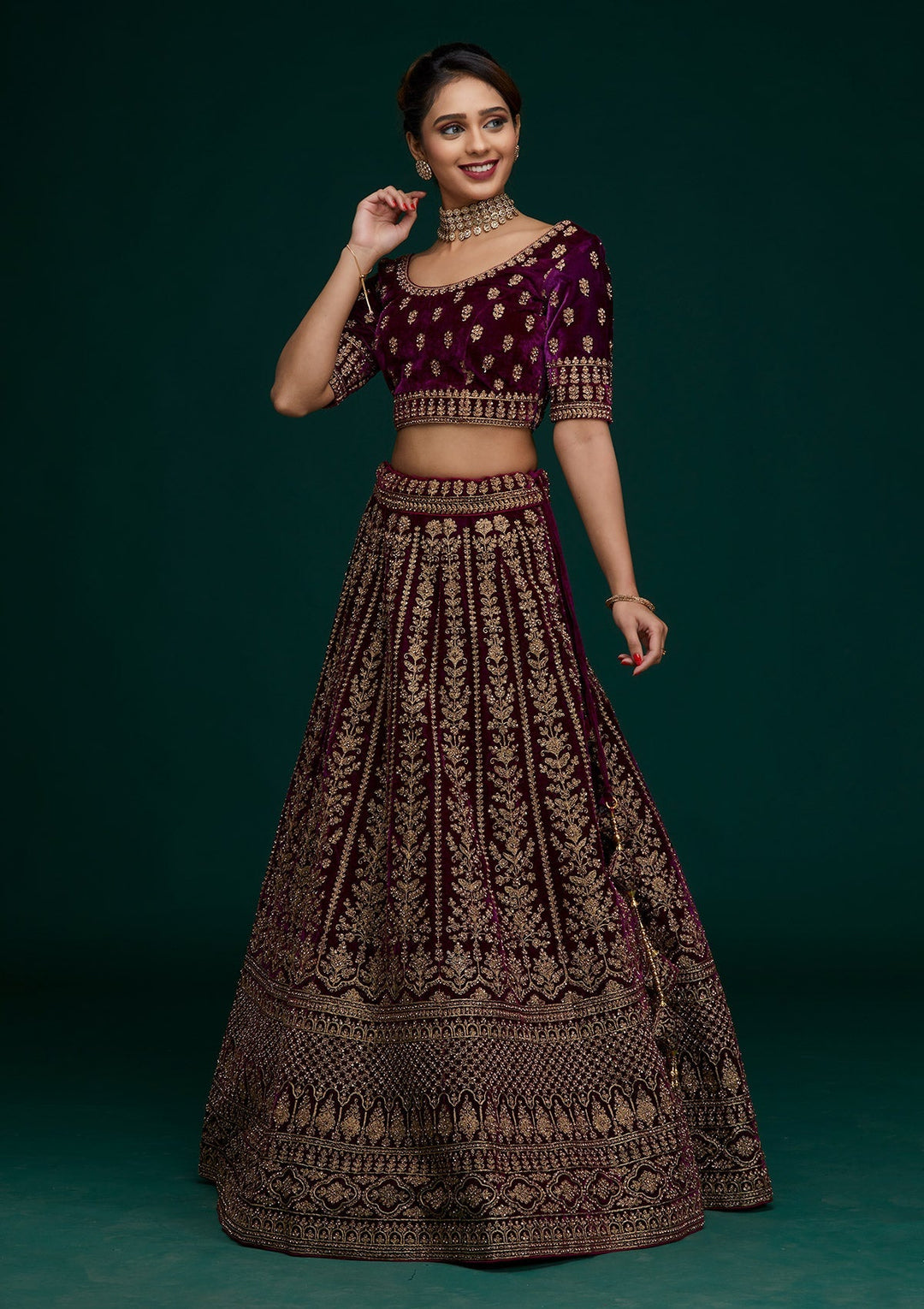 Wine Zariwork Velvet Designer Lehenga - Koskii