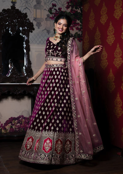 Wine Zariwork Velvet Designer Lehenga- Koskii