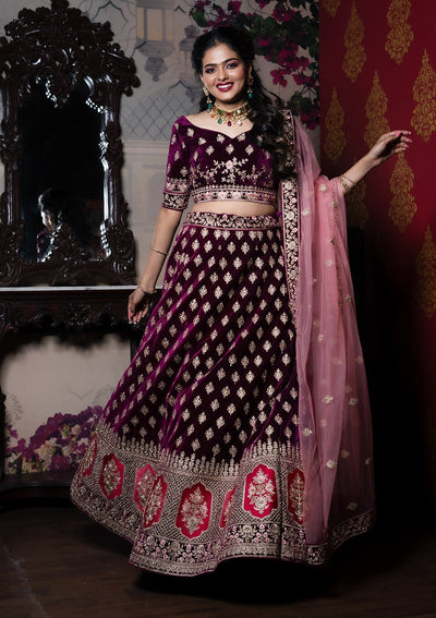 Wine Zariwork Velvet Designer Lehenga - Koskii