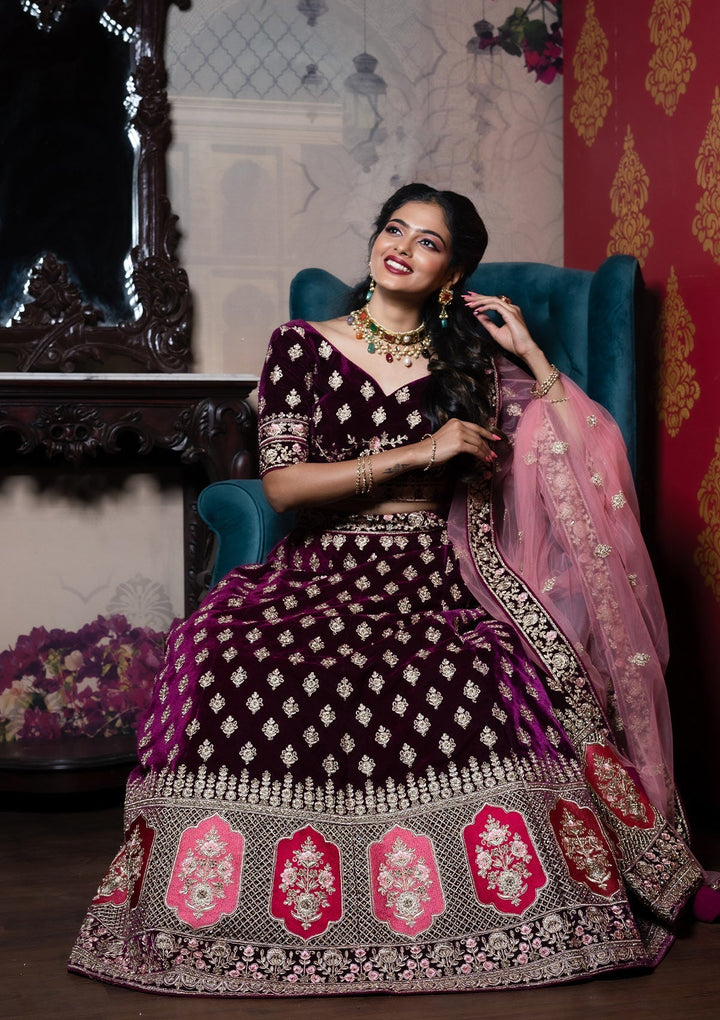 Wine Zariwork Velvet Designer Lehenga - Koskii