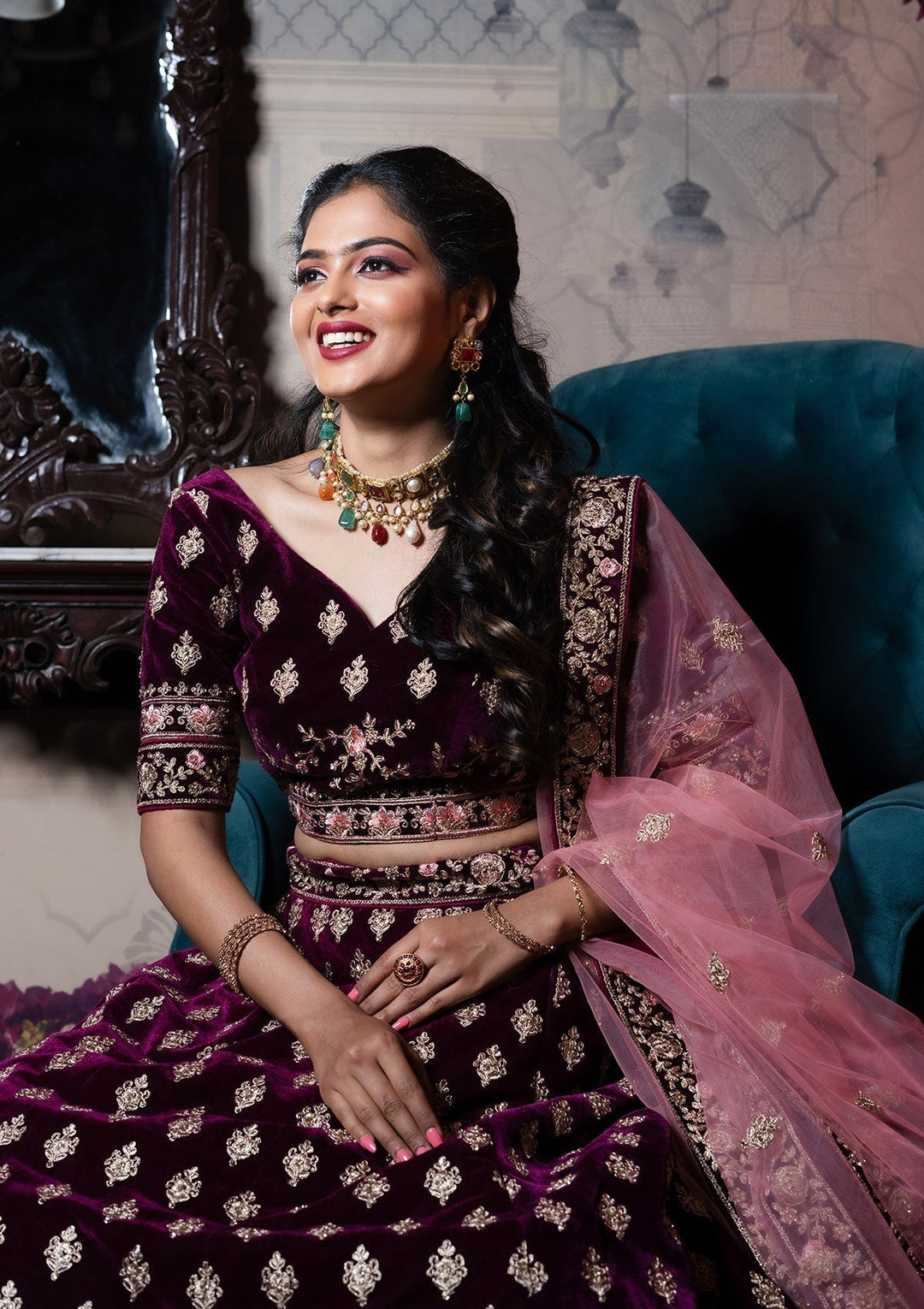 Wine Zariwork Velvet Designer Lehenga - Koskii