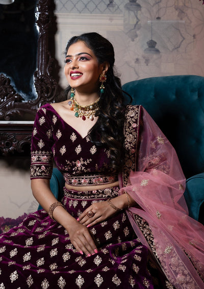 Wine Zariwork Velvet Designer Lehenga - Koskii