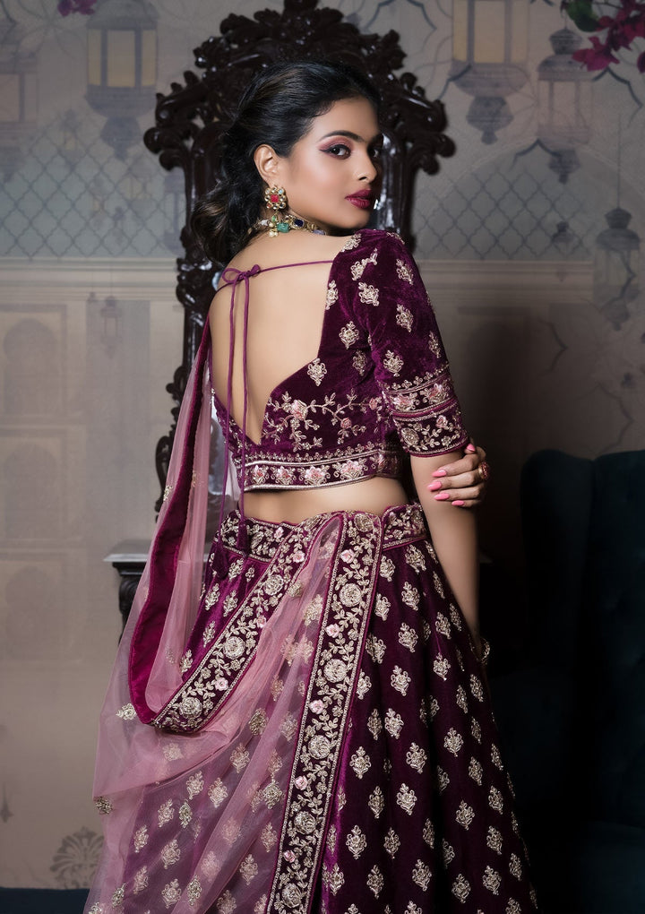 Wine Zariwork Velvet Designer Lehenga - Koskii