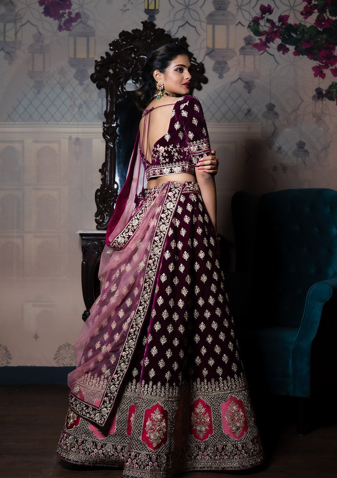 Wine Zariwork Velvet Designer Lehenga - Koskii