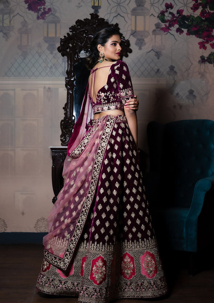 Wine Zariwork Velvet Designer Lehenga - Koskii