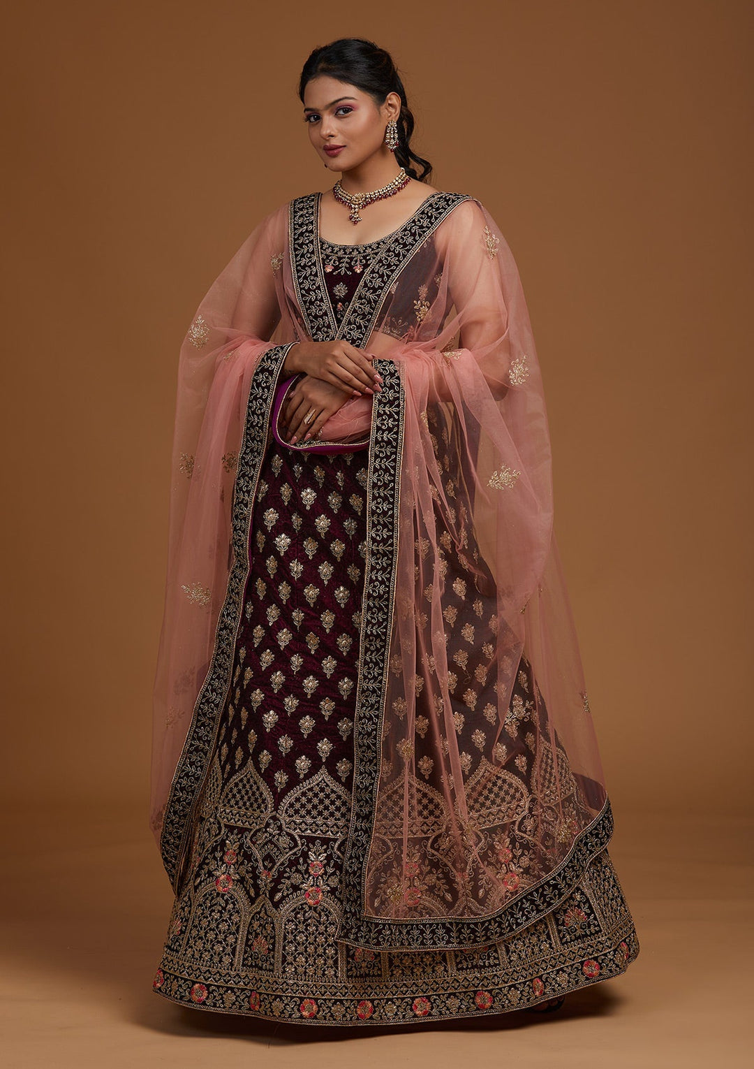 Wine Zariwork Velvet Designer Lehenga-Koskii
