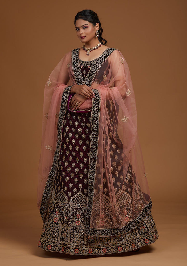 Wine Zariwork Velvet Designer Lehenga-Koskii