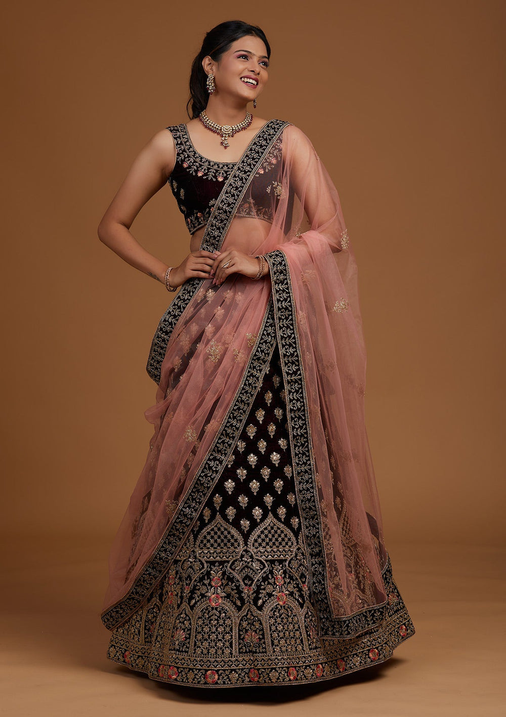 Wine Zariwork Velvet Designer Lehenga-Koskii