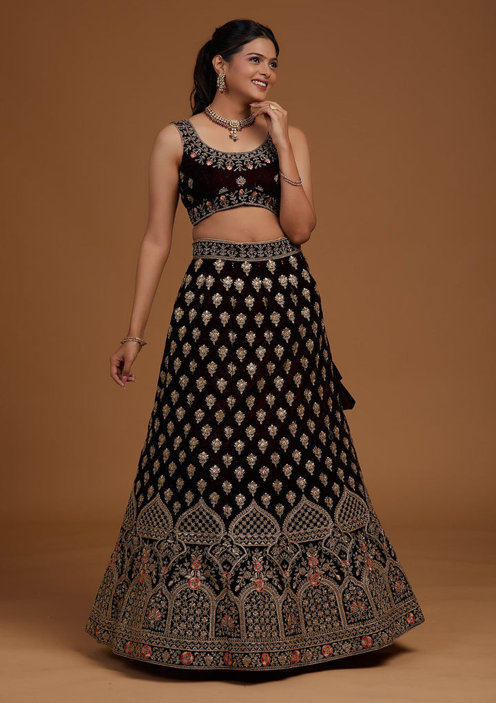 Wine Zariwork Velvet Designer Lehenga-Koskii