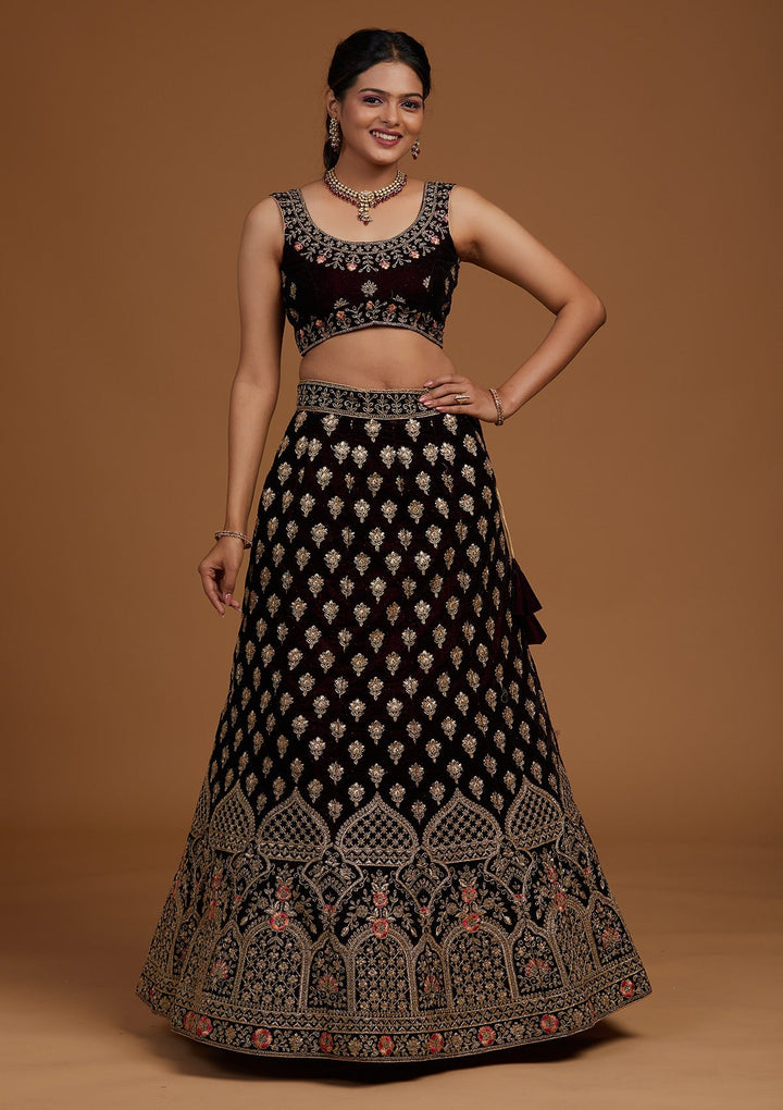 Wine Zariwork Velvet Designer Lehenga-Koskii
