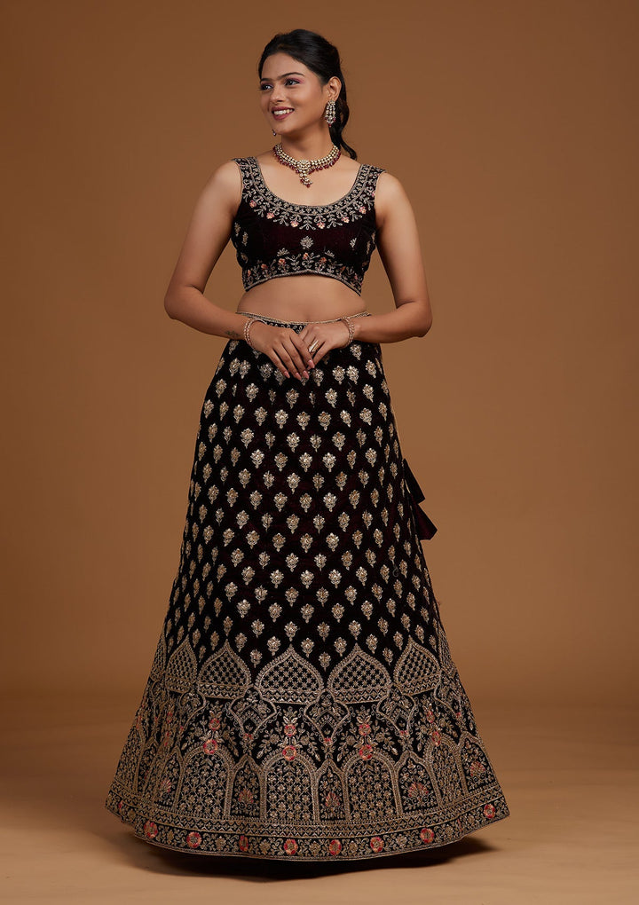 Wine Zariwork Velvet Designer Lehenga-Koskii