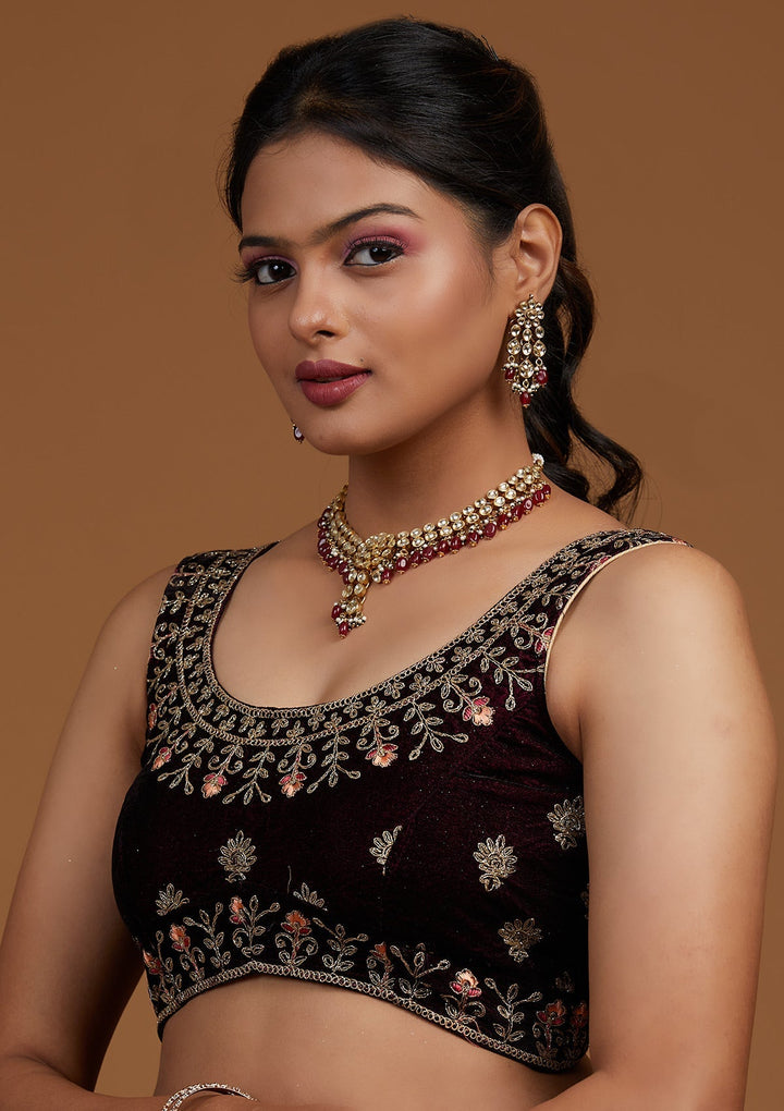 Wine Zariwork Velvet Designer Lehenga-Koskii