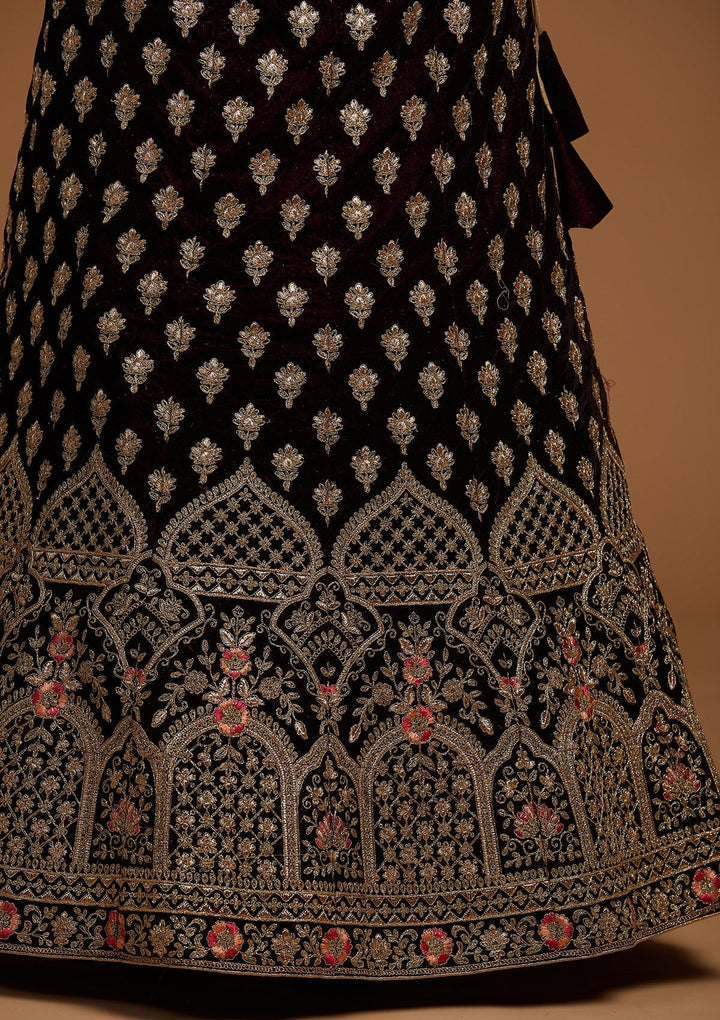 Wine Zariwork Velvet Designer Lehenga-Koskii