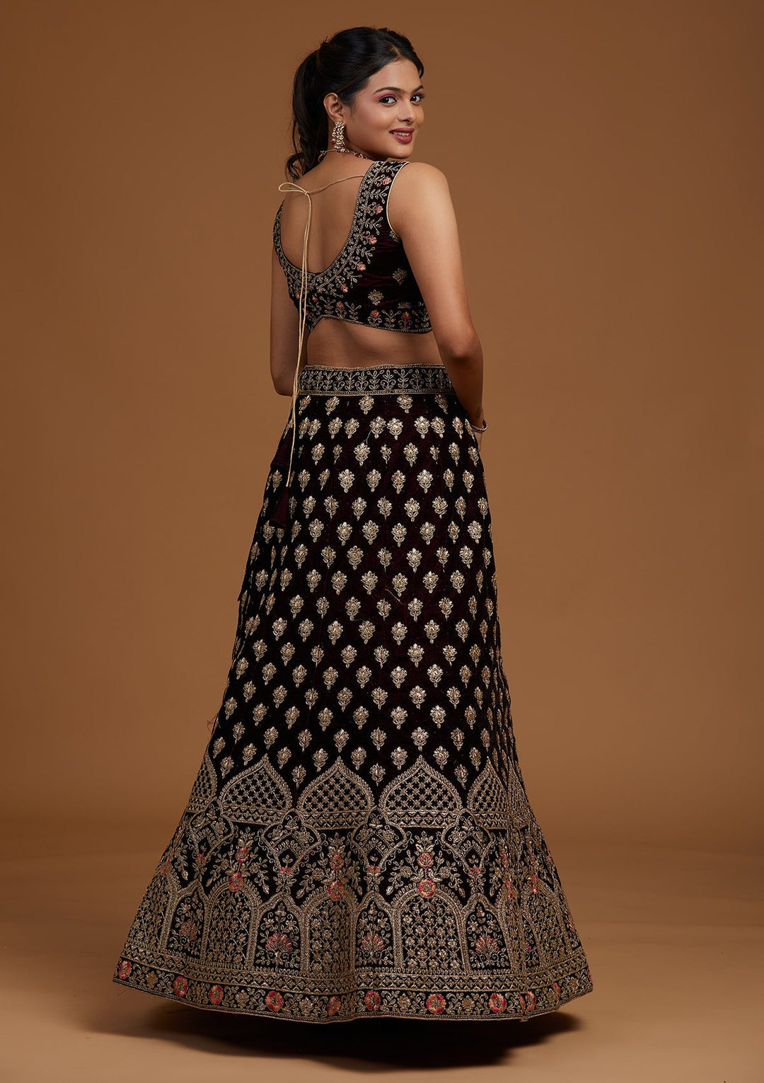 Wine Zariwork Velvet Designer Lehenga-Koskii