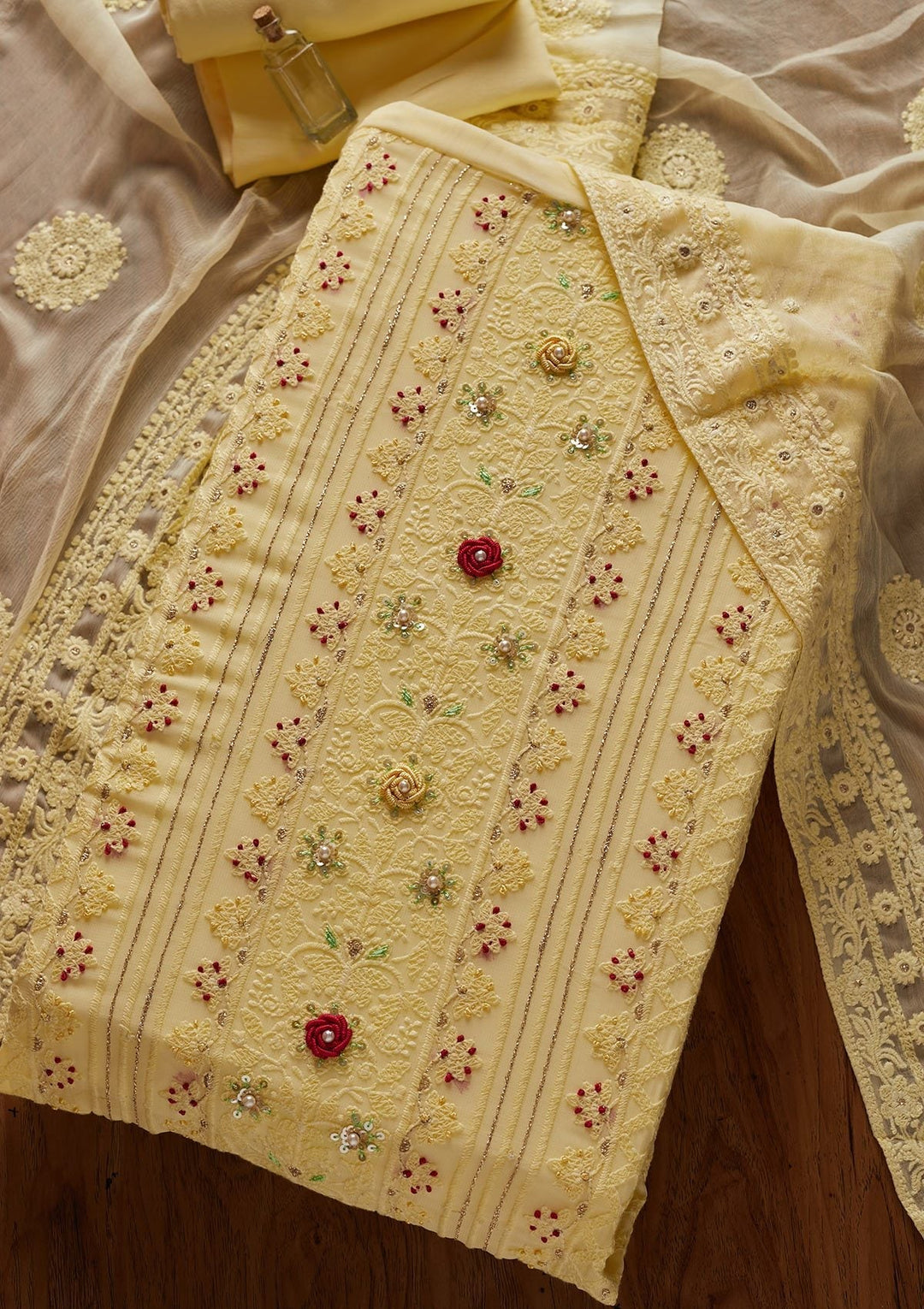 Yellow Chikankari Georgette Designer Unstitched Salwar Suit - koskii
