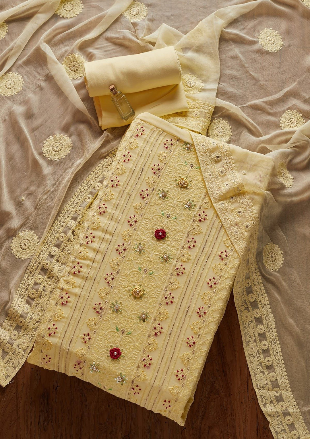 Yellow Chikankari Georgette Designer Unstitched Salwar Suit - koskii