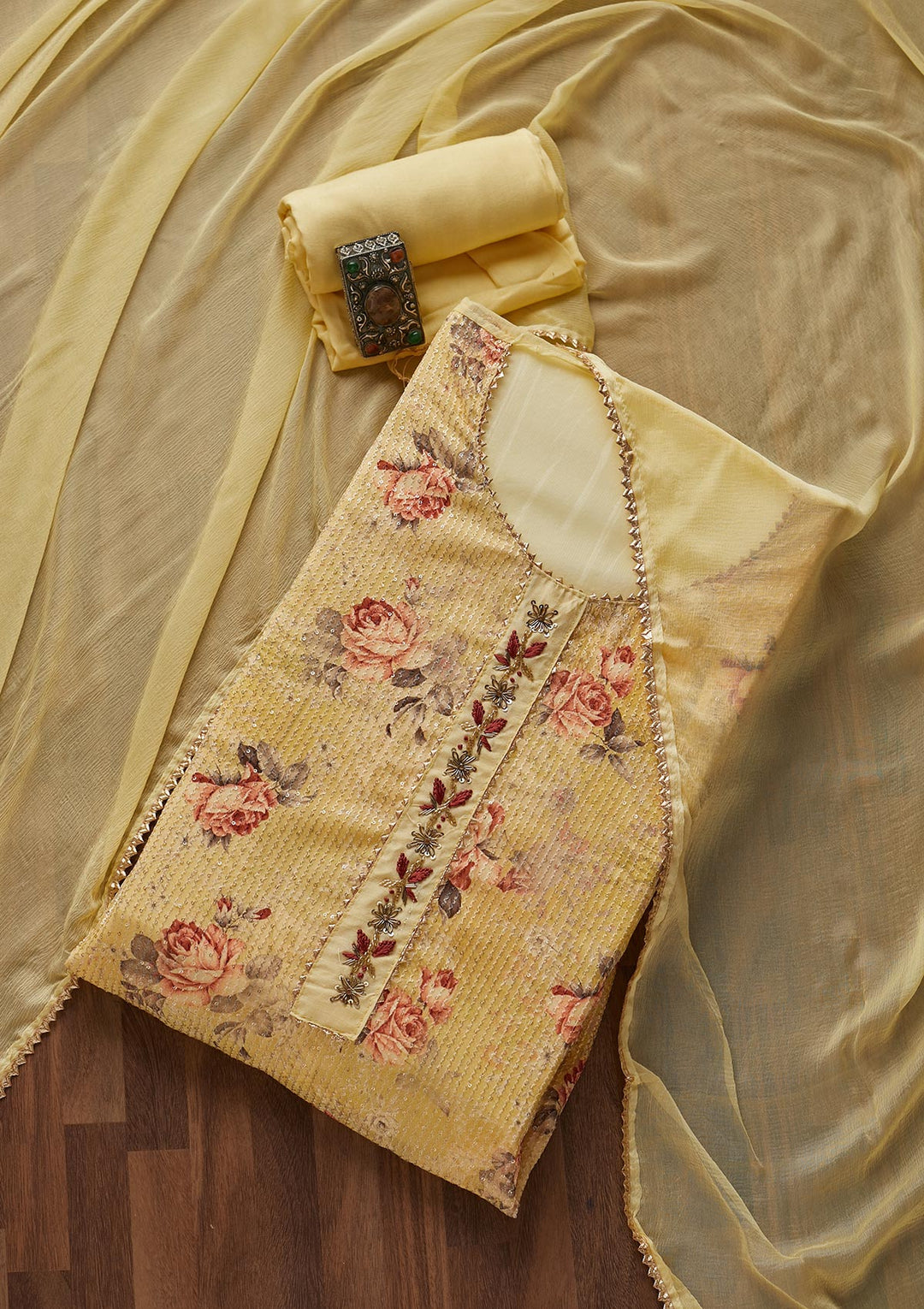 Yellow Cutdana Georgette Semi-Stitched Salwar Suit-Koskii