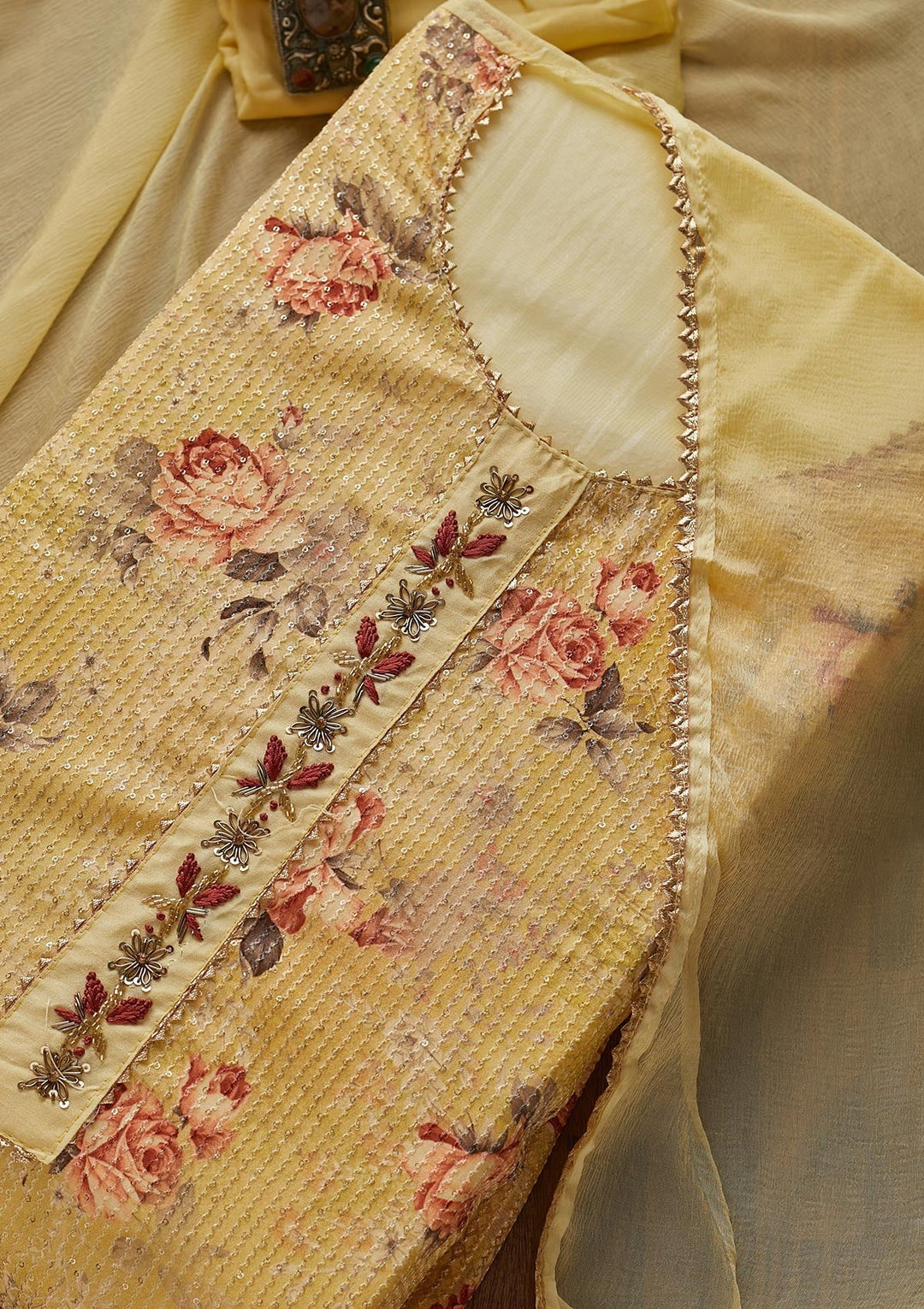 Yellow Cutdana Georgette Semi-Stitched Salwar Suit-Koskii